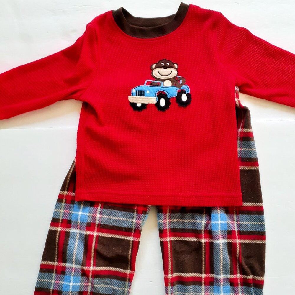 Carter's Boys Pajamas Monkey 2 Piece Set Red Plaid Long Sleeve Pants 2T